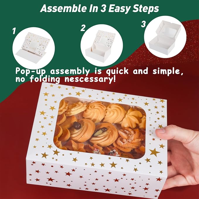 YEKTFS 12pcs Cookie Boxes with Window, 8.25x6x2.75in White Treat Boxes with Window Gold Foil Star Bakery Cake Boxes for Christmas Gift Giving Pastry Dessert Cupcakes Candy Donut Packaging