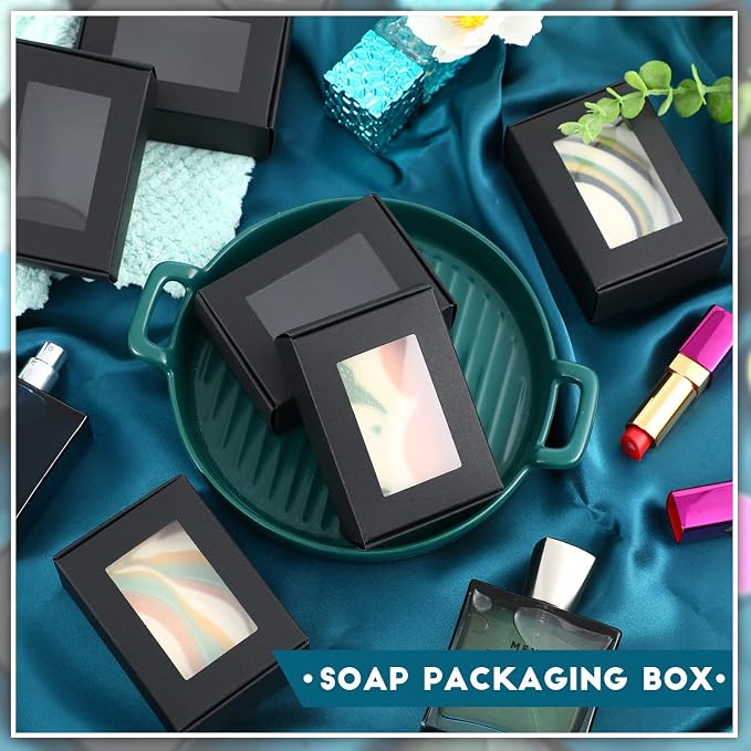 Zonon 300 Pcs Soap Boxes for Homemade Packaging, Mini Kraft Boxes with Window for Bakery Candy Soap Making Gift Packaging, 3.7x2.6x1.4 Inch (Black)