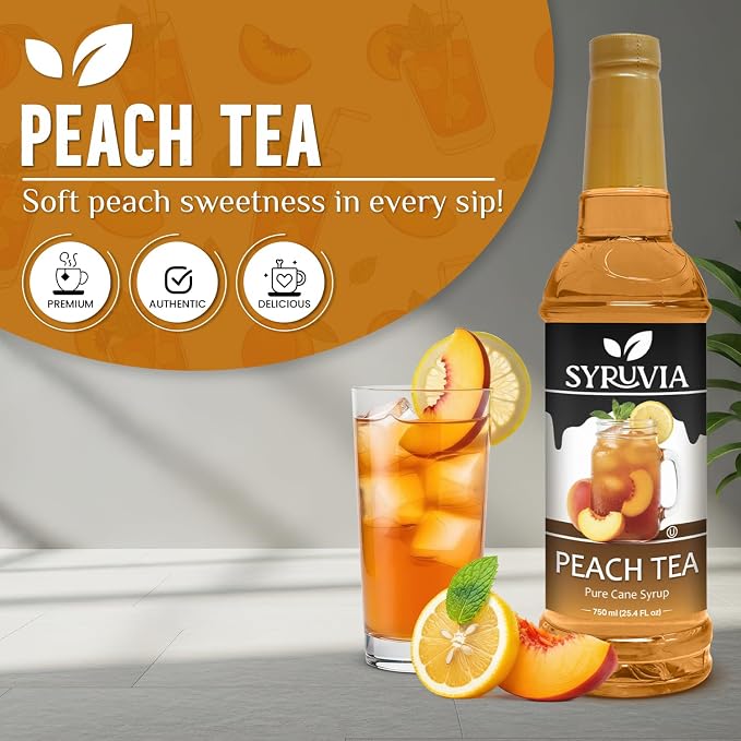 Syruvia Peach Tea Syrup, Flavored Syrup for Teas, Drinks, Lemonades, Iced Teas, and Desserts – 25.4 fl oz - with Pump