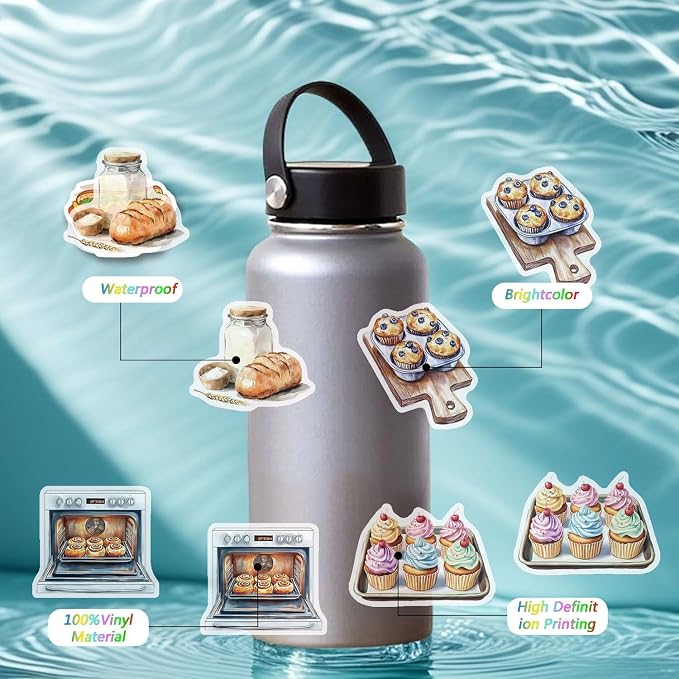 100pcs Cute Kitchen Baking Stickers Realistic Bakery Transparent Recipe Waterproof Food Stickers Pack for DIY Scrapbook Water Bottles,Laptop,Funny Bakery Themed Party Decorations