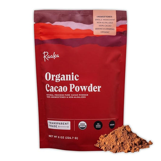 Raaka Chocolate Organic Cacao Powder - Unsweetened, Non-Alkalized, Perfect for Baking, Substitute for Cocoa Powder - Gluten-Free, Soy-Free, Sugar-Free, Allergen-Friendly - 8oz Resealable Bag