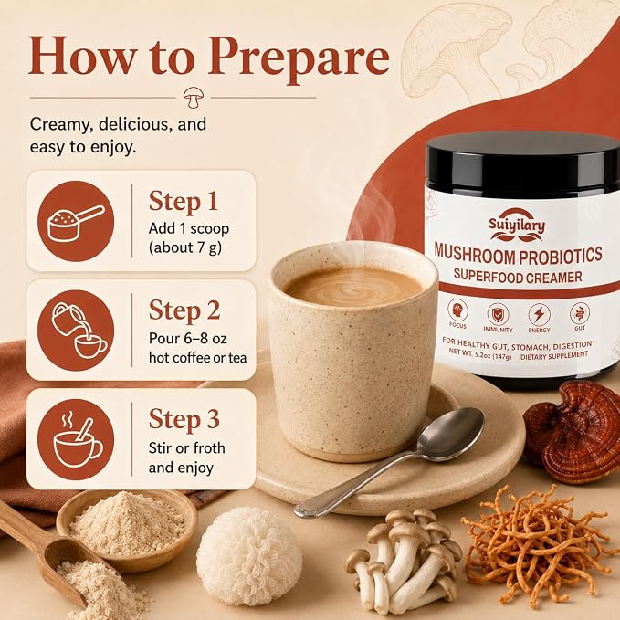 Suiyilary Mushroom Probiotic Coffee Creamer, 10 Mushrooms Creamer with Probiotics, Lion’s Mane, Cordyceps, Reishi, Turkey Tail, Shiitake for Gut, Digestion, Gluten Free 21 Serving