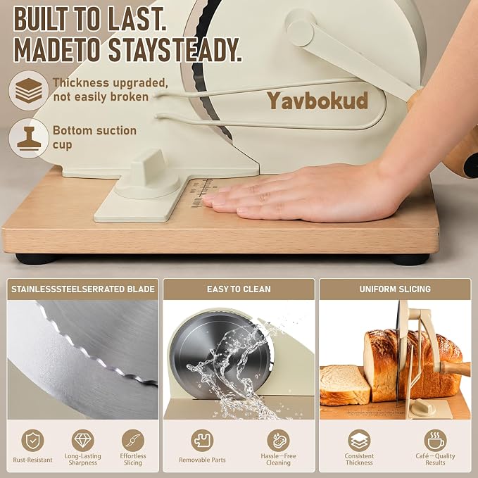 Manual Bread Slicer for Homemade Sourdough – Hand Crank Rotary Slicer | 0–0.8″ Adjustable Thickness, Stainless Steel Serrated Blade, Non-Slip Suction Cups, and Aluminum Alloy Frame