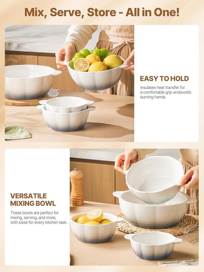 14/24/45 Oz Soup Bowls, Ceramic Kitchen Bowls for Fruit, Snack, Cooking, Baking, Prepping etc, Ramekins Oven Safe, Serving Bowls with Handles, Food Storage Containers Set of 3