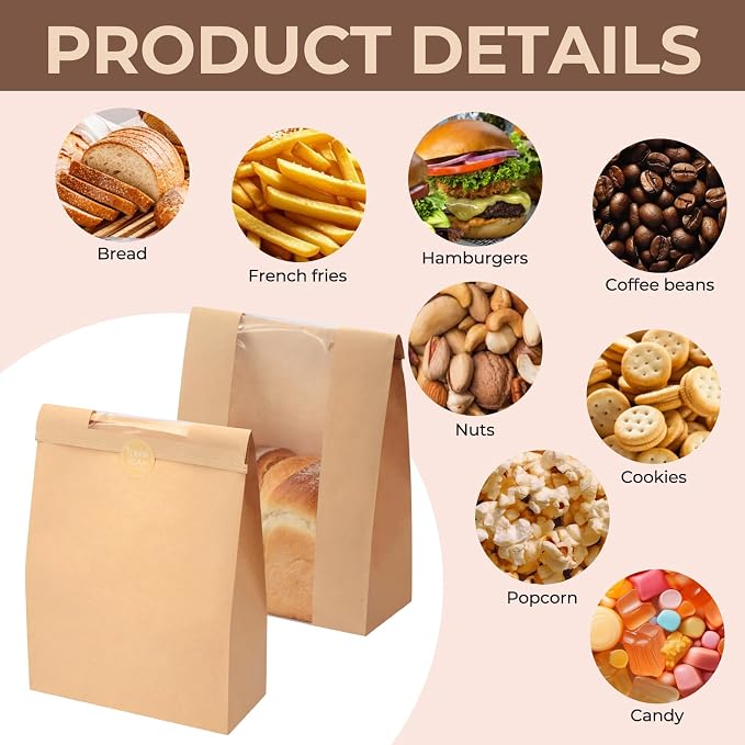 Twdrer 50 Pack Large Kraft Paper Bread Loaf Bag with Clear Front Window,Tin Tie Tab Lock Brown Bakery Coffee Cookie Treat Packaging Bags with 60 PCS Label Seal stickers(14" x 8.3" x 3.5")