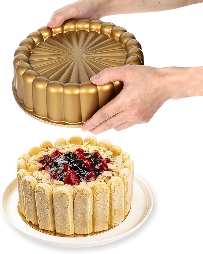 9.5 Inch Charlotte Cake Pan, Reusable Mold Fluted Cake Pan, Nonstick Aluminium Cakes Mold with Flower Shape for Cheese, Chocolate Cakes, Strawberry Shortcake, Brownie Tart Pie