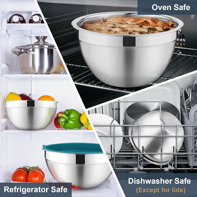 P&P CHEF Mixing Bowls with Lids Set of 6, Stainless Steel Nesting Salad Bowl & 3 Grater Attachments for Prepping Storing, 4.6/2.6/2/1.5/1/0.7 QT, Blue