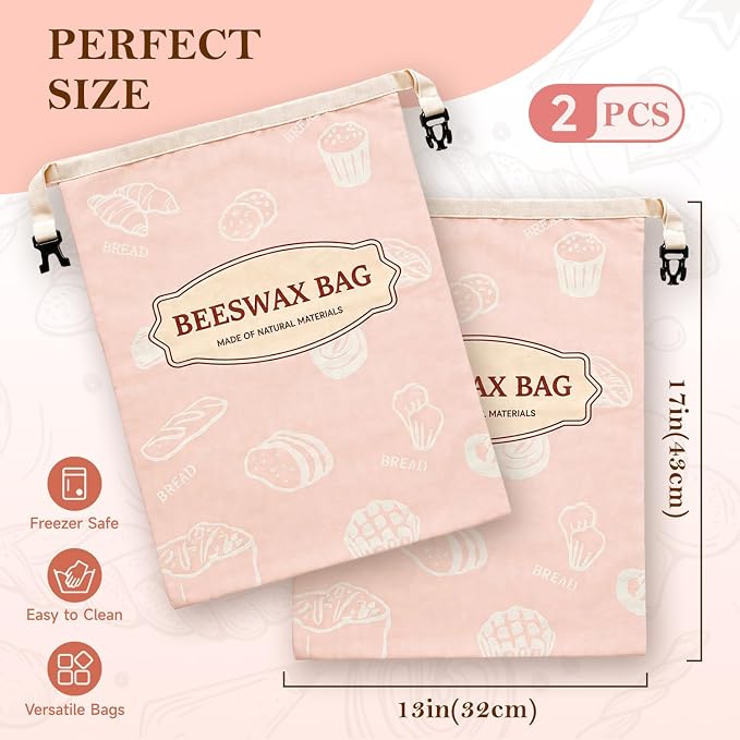 Beeswax Bread Bags for Homemade Bread, 2 Packs XL Reusable Cotton Linen Sourdough Bread Bags to Keep Bread Fresh (pink)