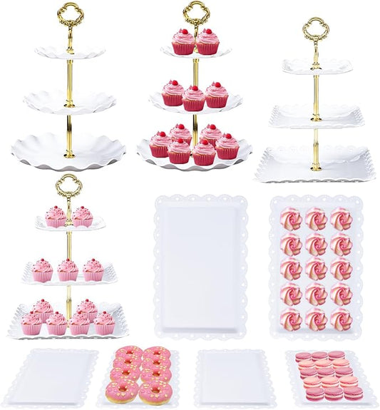 Dessert Table Display Set,10Pcs Cake Stand,4 Pcs 3 Tiered Cupcake Stands and 6 Pcs Dessert Trays Serving Trays for Party Baby Shower Wedding Tea Party Decorations