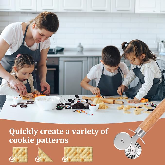 SHANGSKY Pastry Cutter Wheel, Ravioli Cutter Wheel with Long Wooden Handle, Pasta Cutter Dumpling Lace Making Noodle Ruffled Edge Cookies Pie Cutter Kitchen Dough Cutting Tool (Dual Wheel)