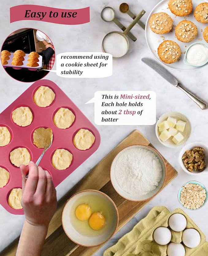 Silicone Muffin Pan, 12-Cup Cupcake Pan with Silicone Pastry Brush for Mini Egg Muffin, Keto Diet, BPA Free, Dark Red