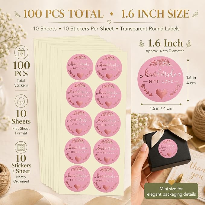 100PCS Handmade with Love Stickers, Rose Gold Foil Labels for Small Business Packaging, Bakery Cookies, Gift Wrapping, Candy Table, Wedding Baby Shower Party Favor Stickers.1.6 inch (Pink+Rose Gold)