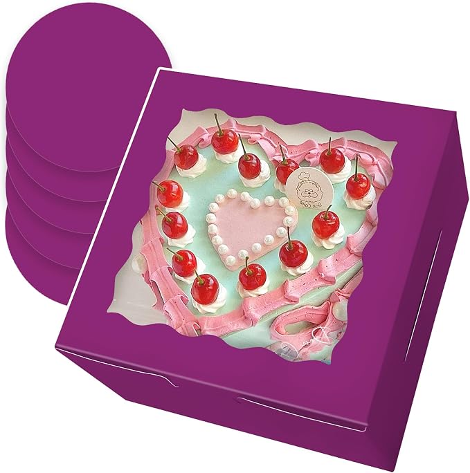 Bakepacker 36pcs 8x8x5 Inches Cake Boxes with Window 18-Packs Deep Purple 8 Inch Bakery Boxes (18 Cake Boxes +18 Cake Boards Included)