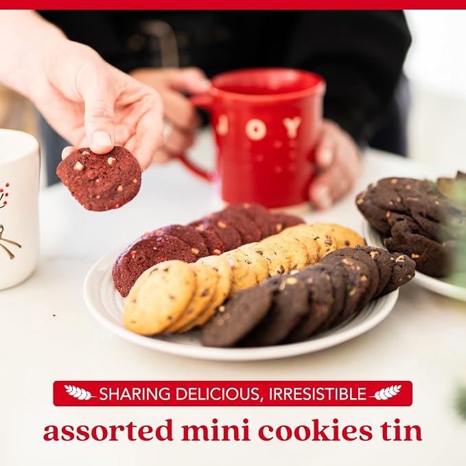 David's Cookies Fresh-Baked Sweet Sampler Mini Bites Tin - 14oz Assorted Mini Cookies with Chocolate Chip, Chocolate & White Chocolate Chip & Red Velvet - Delicious Gourmet Gift For All Occasions