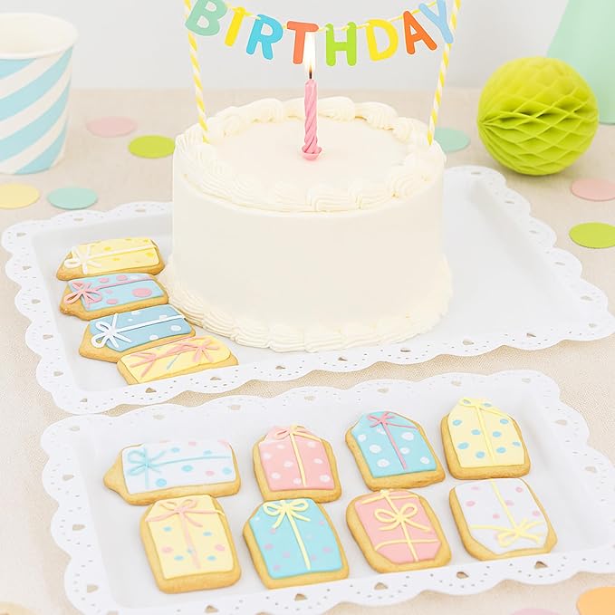 Frigg 4 Pack Serving Trays for Party with Lace Rim,Rectangle Food Trays, Reusable White Plastic Serving Platters Food Display for Birthday Party, Wedding, Restaurant, 14.45" x 9.33"