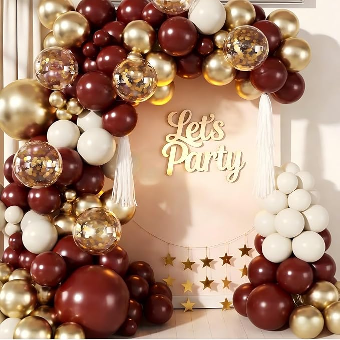Burgundy Balloon Garland Arch Kit 143Pcs Burgundy Maroon Sand White Metallic Gold Confetti Balloons for Wedding Birdal Shower Graduation Birthday Party Decorations