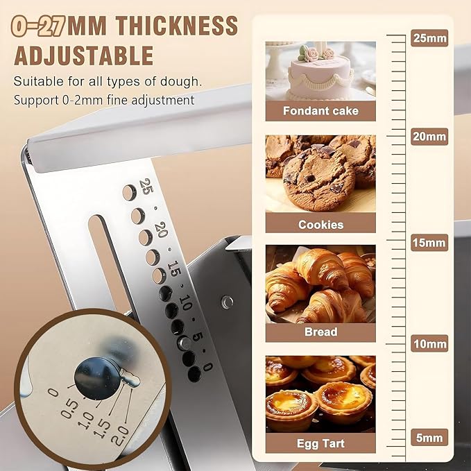 Dough Roller Machine, Manual Folding Stainless Steel Dough Sheeter with 0-27mm Adjustable Thickness, with Press Board for Puff Pastry, Pizza Dough, Croissant, Home & Commercial Use