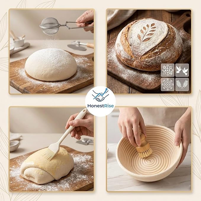 Sourdough Starter Kit with 9 Inch Round Banneton Proofing Basket & Starter Jar, Natural Rattan Bread Proofing Basket Set for Homemade Artisan Bread, Beginner Bread Making Supplies, Gift for Bakers