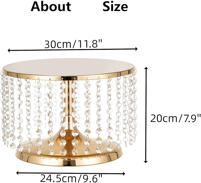 Cake Stand for Dessert Table 12 Inch Gold Crystal Pendants Metal Cake Stand Serves as A Round Dessert Cupcake Display Plate for Table, Wedding, Party, Event