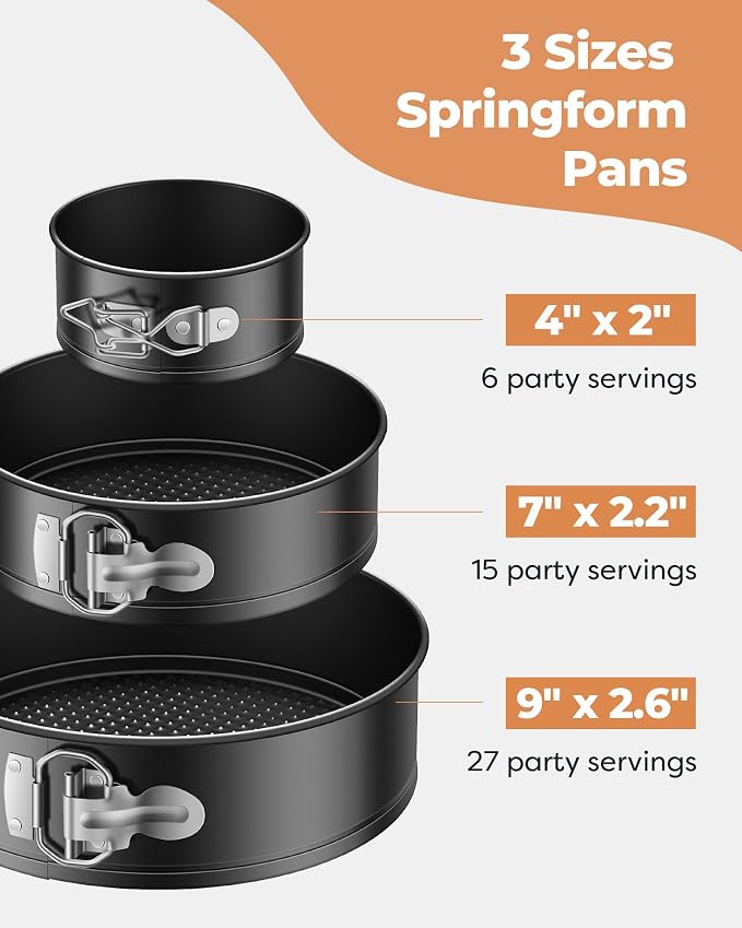 Kootek Cake Pan Set of 3, Nonstick Springform Pans with Removable Bottom, 4, 7, 9 Inch Round Cheesecake Baking Pans with 50 Pcs Parchment Paper Liners