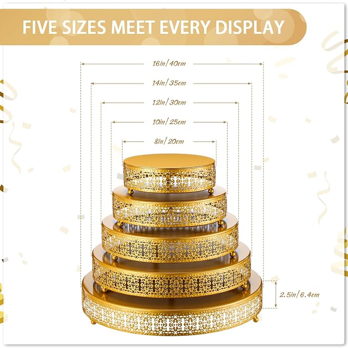 Wenqik Wenqik 5 Pcs Metal Gold Cake Stand 16/14/12/10/8 Inch Round Cake Holder Display for Dessert Table Cookies Fruit Serving Tray Cupcake Pastry Riser for Wedding Birthday Party and Events