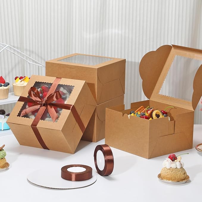 KPOSIYA 40pcs 8x8x5 inches Cake Boxes with Cake Boards（20 Boxes & 20 Boards）, 8 inch Brown Cake Boxes with Window,Cajas Pasteles Square Cardboard Cake Containers for Christmas Thanksgiving