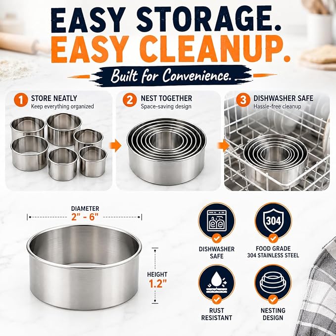 Doczen Large Cookie Cutter Set, 6-Piece Stainless Steel Biscuit Cutters, Heavy Duty Metal Ring for Burger Press & Meat Shaping, Tortilla Crust & Clay Pottery Cutting Tool