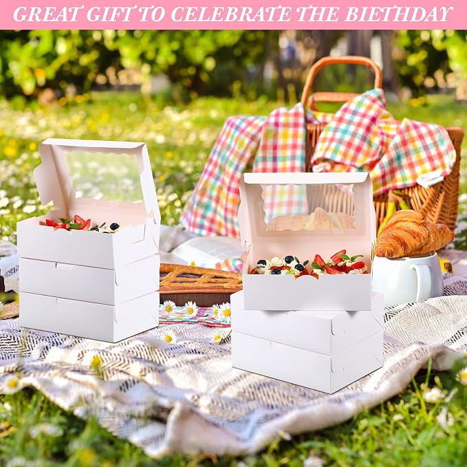 TaoBary 100 Pcs 8 Inch Bakery Boxes 8 x 6 x 2.5 Inch Cookie Pastry Boxes with 2 Style Window for Cookie Treat Chocolate Strawberries Cupcakes Candy Muffins(White)