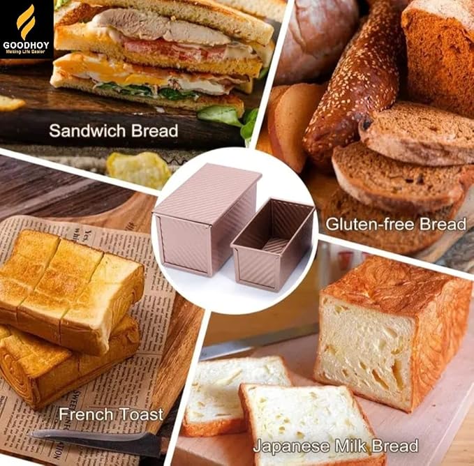 1lb+1lb set Nonstick Pullman Loaf Pan With Lid For Homemade Bread Carbon Steel Sandwich Bread Baking Mold With Sliding Lid Durable Toast Box For Square Loaf Shokupan Soft Milk Bread & Gift Box