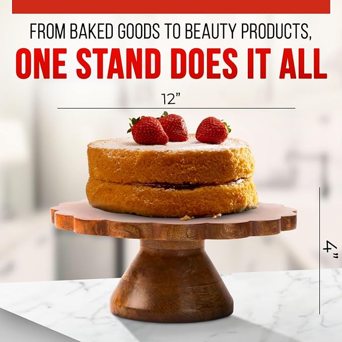 Mela Artisans 12" Mango Wood Cake Stand 5" Tall with Wooden Pedestal – Medium Polish Riser Designed for Birthday Cake and Cookie Display, Cupcake Stand & Decorative Trays
