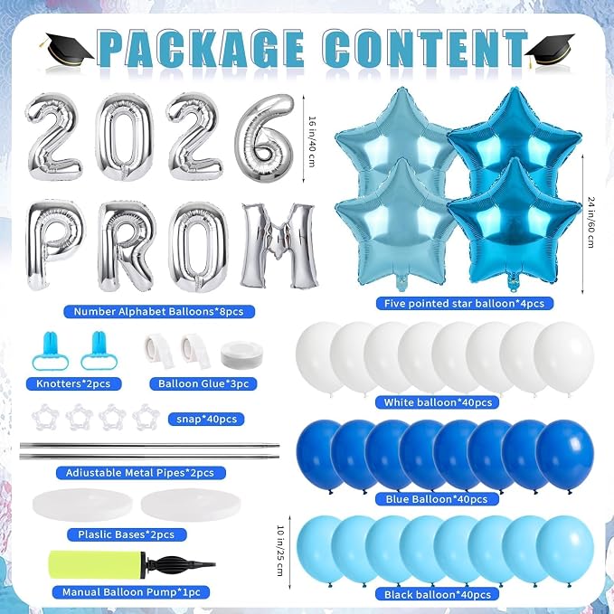 2 Sets Graduation Balloon Column Stand Kit with Balloons Prom Send off 2026 Grad Prom Themed Decor Sky Blue White Blue Balloon Tower Stand for Floor Grad School & College Celebration Party Supplies
