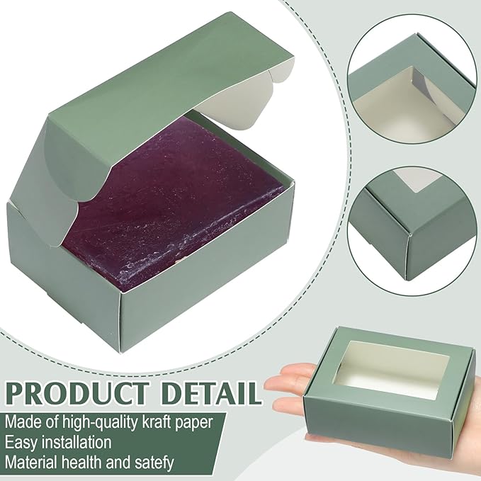 Zonon 60 Pcs Soap Boxes for Homemade Packaging, Mini Kraft Boxes with Window for Bakery Candy Soap Making Gift Packaging, 3.7x2.6x1.4 Inch (Sage Green)