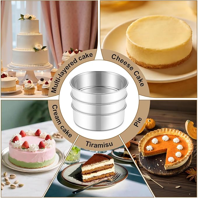 E-far 7 Inch Cake Pan Set of 3, Stainless Steel Round Baking Pans Tins for Layer Birthday Wedding Cakes, Dishwasher & Oven Safe, Healthy & Non-toxic, Leak Proof & Mirror Polished