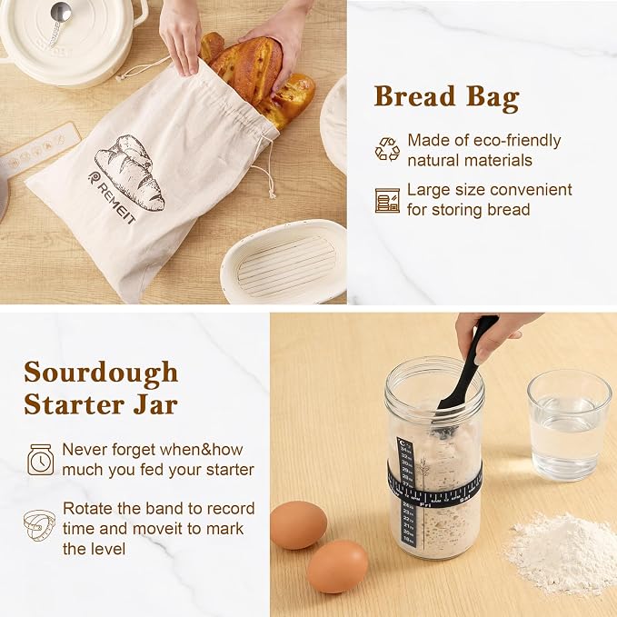 Complete Sourdough Starter Kit 9"Round & 10" Oval Silicone Banneton Bread Proofing Baskets, Sourdough Bread Baking Supplies with 34oz Fermentation Jar, Bread Lame, Scraper, Danish Whisk