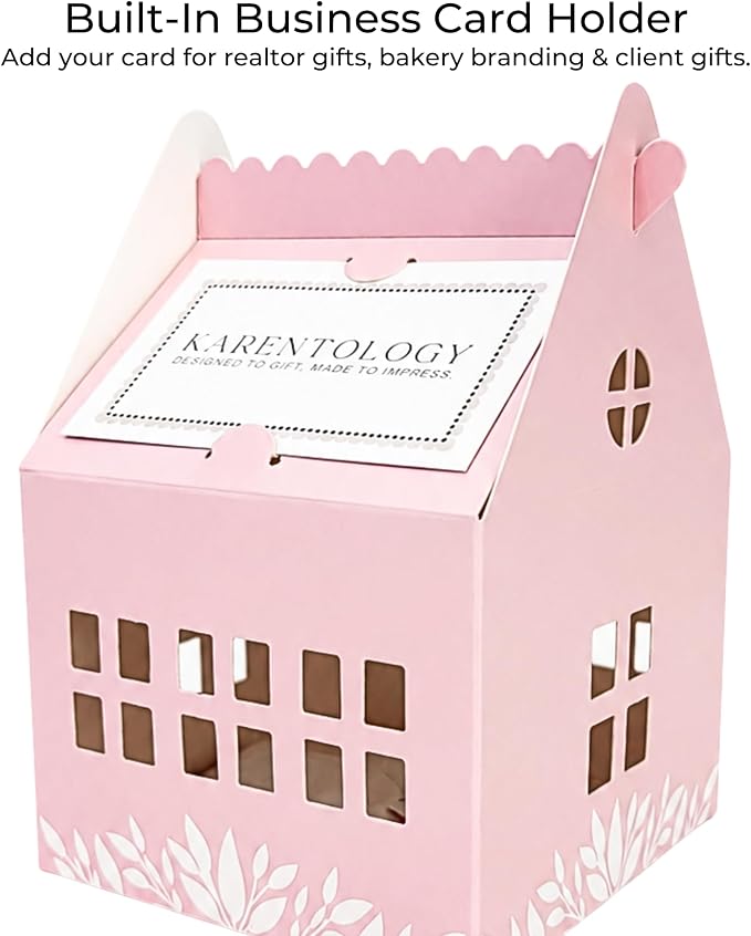 30 Pcs Cottage House Cookie Boxes with Window & Business Card Holder, Blush Pink, 4 x 4 x 6 in Bakery Gift Boxes for Treats, Desserts, Party Favors & Realtor Pop By Gifts