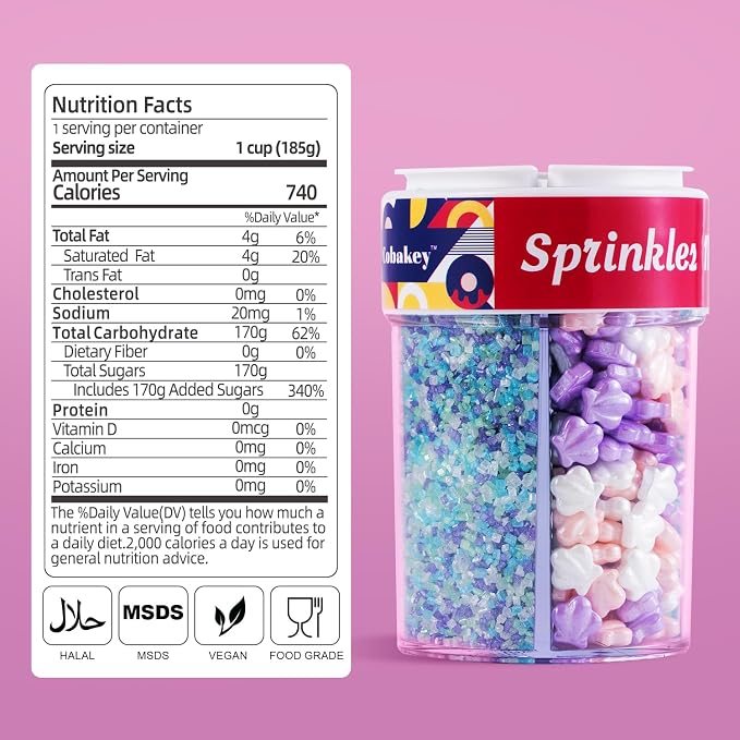 Edible Mermaid Sprinkles 4 Cell Pink Blue Purple Shell Pearls Sugar Jimmies Nonpareils Sanding Sugar Sprinkle Mix for Cake Decorations Baking Ice Cream Cookies Cupcake Topper 6.5 ounces