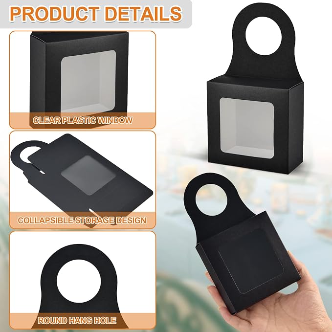 Mototo 30 PCS Kraft Paper Wine Bottle Boxes with Transparent Window Hanger Foldable Wine Bottle Empty Gift Boxes with Hanger for Valentines Christmas Candy Truffles Chocolate Cookies Packing, Black