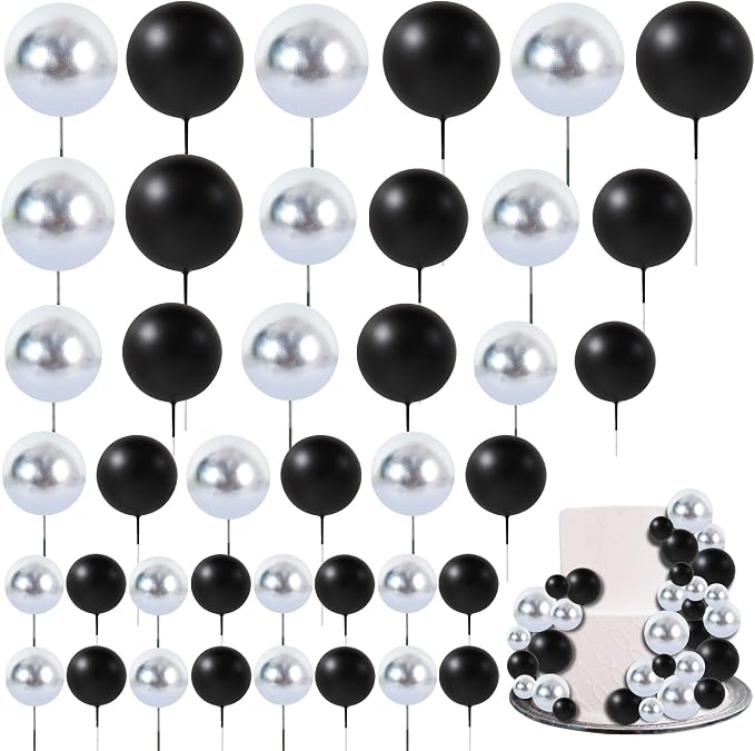 BEISHIDA 40 Pcs Ball Cake Toppers Mini Balls Cake Decorations Black Silver Foam Balls Sticks DIY Cake Topper for Congrats Grade 2026 Graduation Men Birthday New Year Retirement Decorations