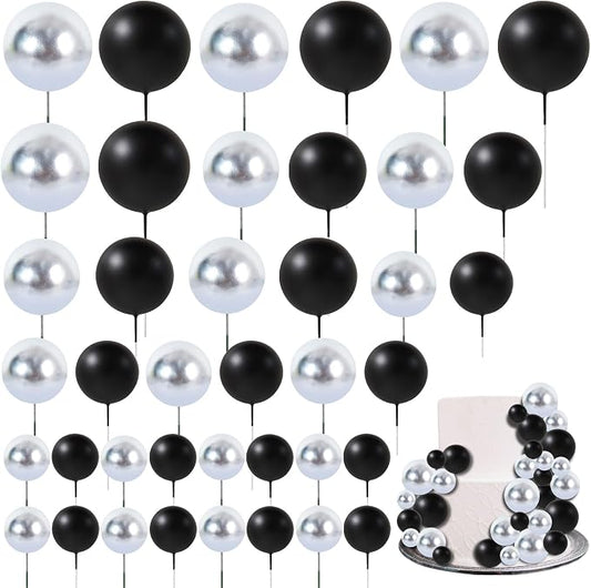 BEISHIDA 40 Pcs Ball Cake Toppers Mini Balls Cake Decorations Black Silver Foam Balls Sticks DIY Cake Topper for Congrats Grade 2026 Graduation Men Birthday New Year Retirement Decorations