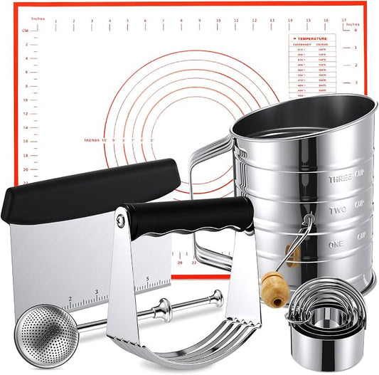 10 Pcs Stainless Steel Pastry Biscuit Cutter Set Include 3 Cup Flour Sifter Biscuit Cutter Pastry Scraper Dough Scraper Silicone Baking Mat Fine Mesh Strainer for Cooking Cookies Donuts Cake