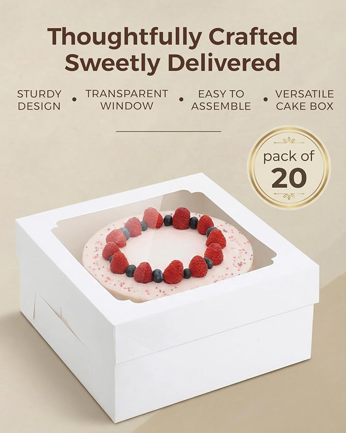 12x12x6 inch Cake Boxes 20 pcs, Large 12 inch Cake Box with Window for 6 Inch Tall Large Bakery Cakes, Pies, Sturdy Square White Cardboard, Cake Decorating Supplies (80 Pcs Stickers)