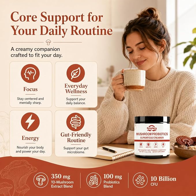 Suiyilary Mushroom Probiotic Coffee Creamer, 10 Mushrooms Creamer with Probiotics, Lion’s Mane, Cordyceps, Reishi, Turkey Tail, Shiitake for Gut, Digestion, Gluten Free 21 Serving