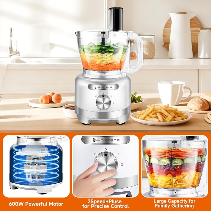 Homtone 16 Cup Food Processor Large, 9-in-1 Vegetable Chopper with 7 Blades for Shredding, Slicing, French Fry Cutting, Meat Grinding, Dough Kneading, 3 Speeds, Dishwasher Safe (Silver, 16 cup)