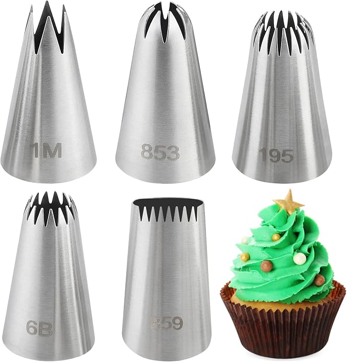 5 PCS Large Piping Tips Set, Cake Decorating Tips, Stainless Steel Frosting Icing Tip Baking Tools for Cupcakes, Cookie, Cake Decorating (Dishwasher Safe) ﻿