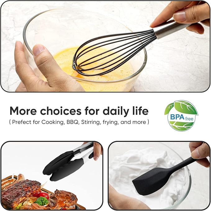 Silicone Tongs for Cooking Set of 3,Maywe Tanso 11"Kitchen Tongs with Silicone Tips- 600°F Heat Resistant,10"Whisk for Non-stick Cookware Plus 8.5"Spatula,Cooking Set|Dishwasher Safe