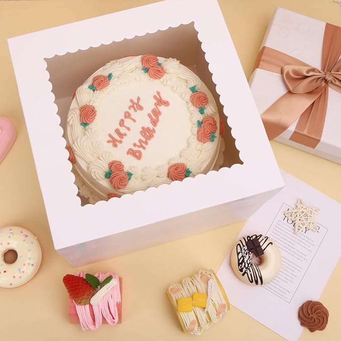 3 Pack Cake Boxes 10 Inch Tall Bakery Carrier with Boards (10x10x8 Inches) | Cost-effective cake boxes with boards which made of thick cardboard, easy to assemble and carry, suitable for birthdays