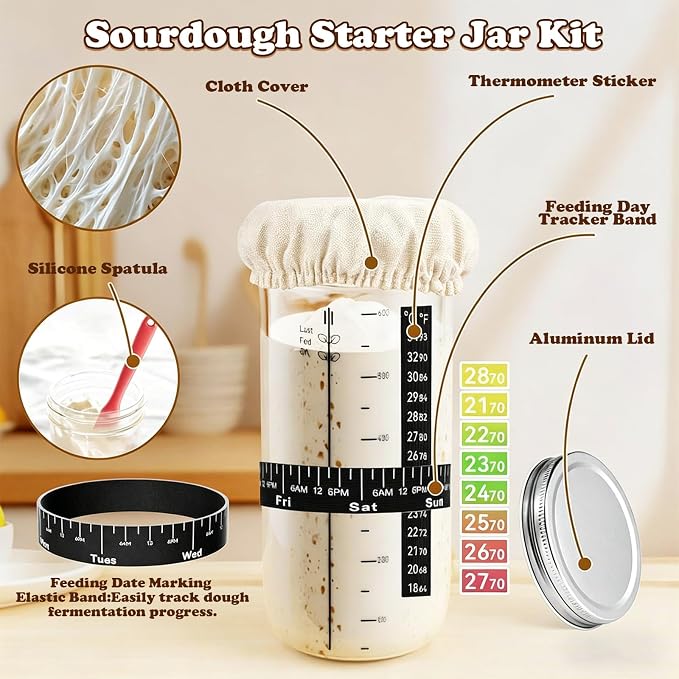 Sourdough Starter Kit, 13 PCS Bread Making Kit with 24 oz Sourdough Starter Jar, 9” Banneton Proofing Basket, Dough Whisk, Bread Lame, Thermometer, Bread Knife for Beginners and Home Bakers