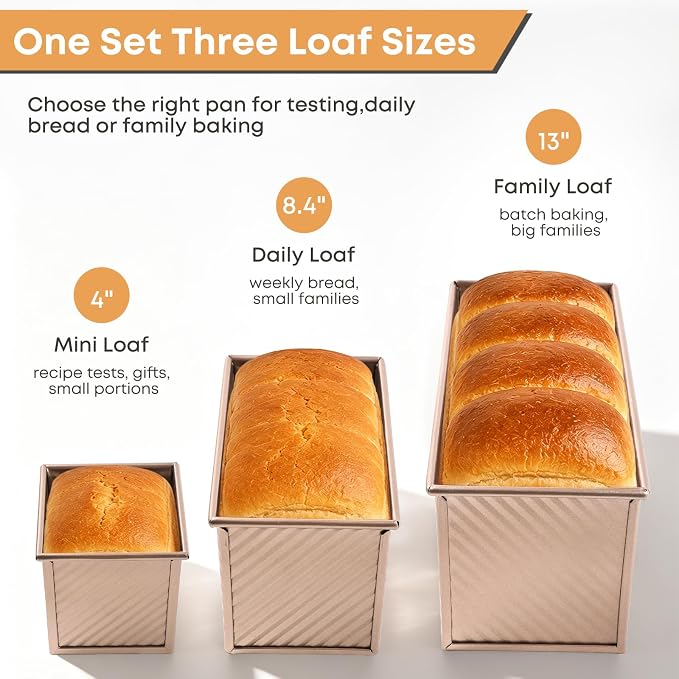 Pullman Loaf Pan with Lid Set of 3, Aluminized Steel Bread Pans for Homemade Sandwich Bread, 4 Inch Mini, 8.4 Inch Daily and 13 Inch Family Loaf Pans for Oven Baking
