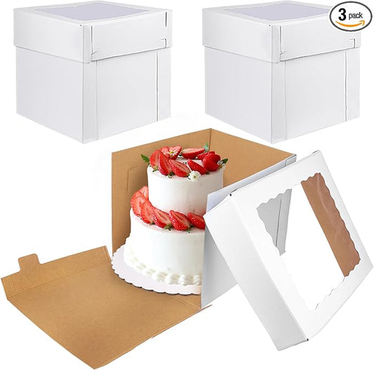 KEEPARTY 3 PCS White Tall Cake Boxes 14x14x12 inch with Window White Disposable Baking Box Container Wedding Cake Carrier