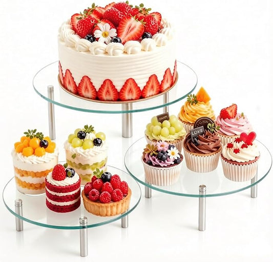 Hacaroa 3 Pcs Tempered Glass Cupcake Stands for Party, 9,11,12.6 Inch Round Food Display Stand Clear Retail Risers for Cakes, Desserts, Pastries, Appetizers